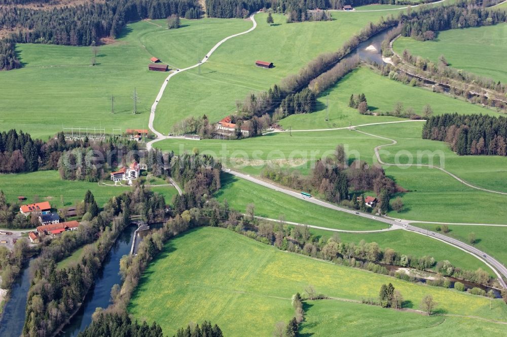 Penzberg from above - Structure and dams of the waterworks and hydroelectric power plant Schoenmuehl in Penzberg in the state Bavaria, Germany