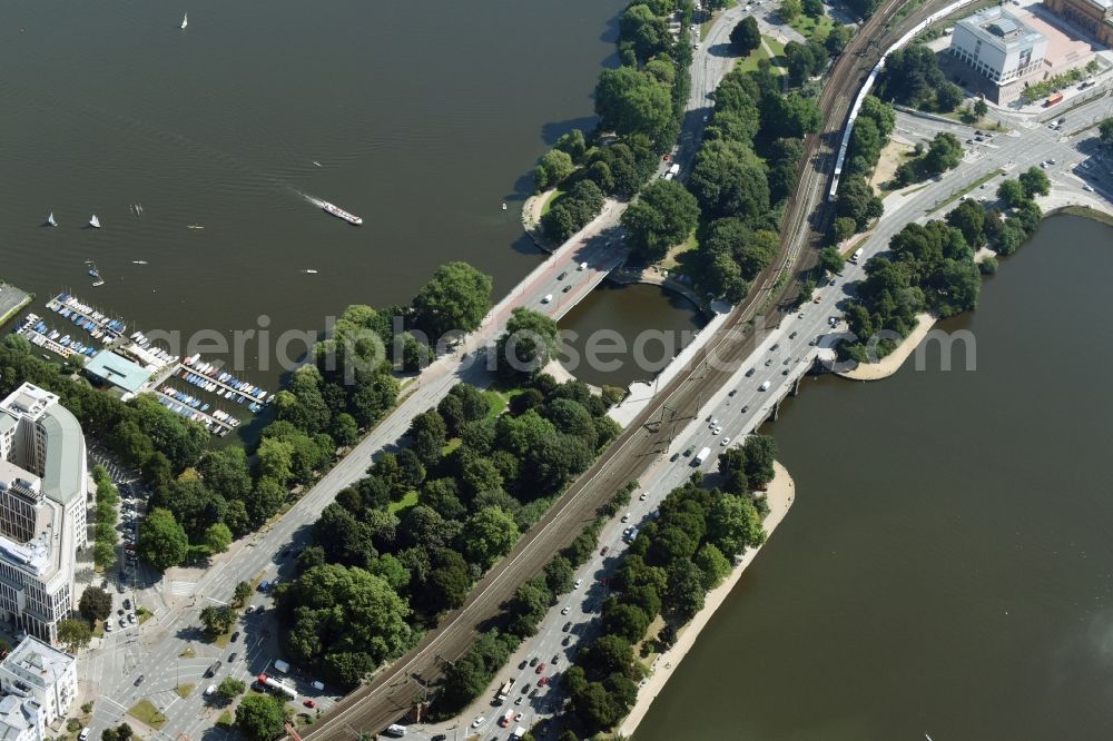 Aerial image Hamburg - Night aerial view of bridge Lombardsbruecke and Kennedybruecke in Hamburg, Germany