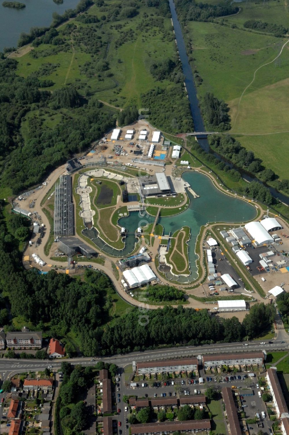 Waltham Cross from above - The canoe slalom park Lee Valley White Water Centre is an Out-of-London venue and located near by Waltham Cross in Hertfordshire and one of the Olympic and Paralympic venues for the 2012 Games in Great Britain