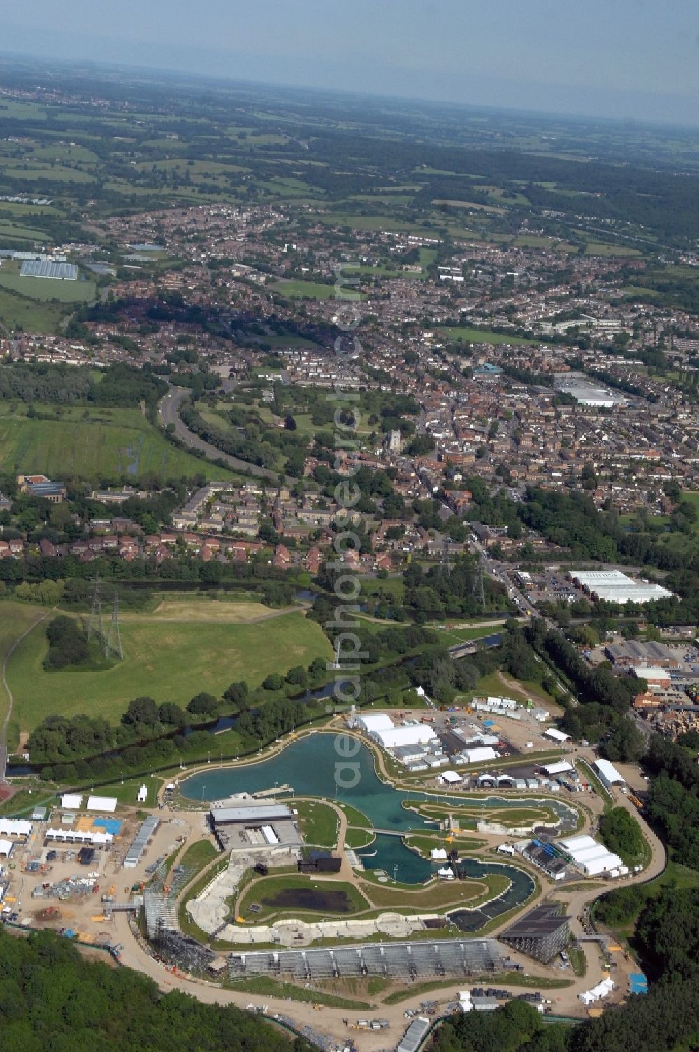 Waltham Cross from above - The canoe slalom park Lee Valley White Water Centre is an Out-of-London venue and located near by Waltham Cross in Hertfordshire and one of the Olympic and Paralympic venues for the 2012 Games in Great Britain