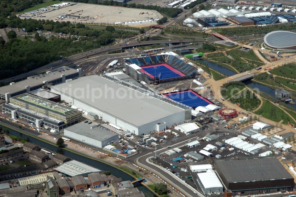 Aerial image London - The International Broadcast Centre IBC and Main Press Centre MPC located in the Olympic Park London at the venue of the Olympic and Paralympic 2012 Games in Great Britain