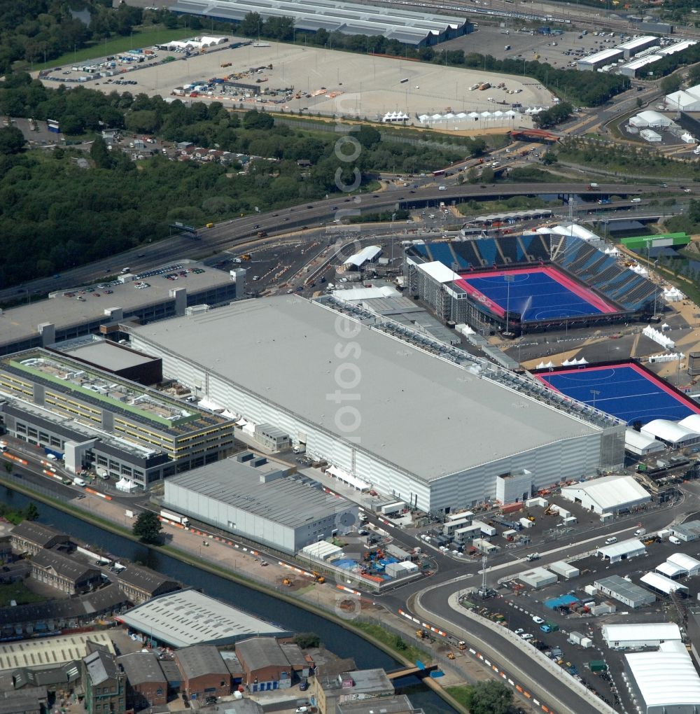 London from above - The International Broadcast Centre IBC and Main Press Centre MPC located in the Olympic Park London at the venue of the Olympic and Paralympic 2012 Games in Great Britain