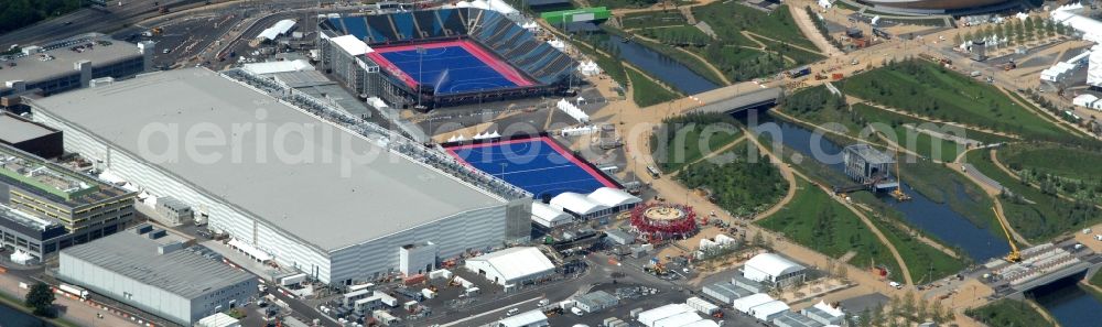 London from the bird's eye view: The International Broadcast Centre IBC and Main Press Centre MPC located in the Olympic Park London at the venue of the Olympic and Paralympic 2012 Games in Great Britain