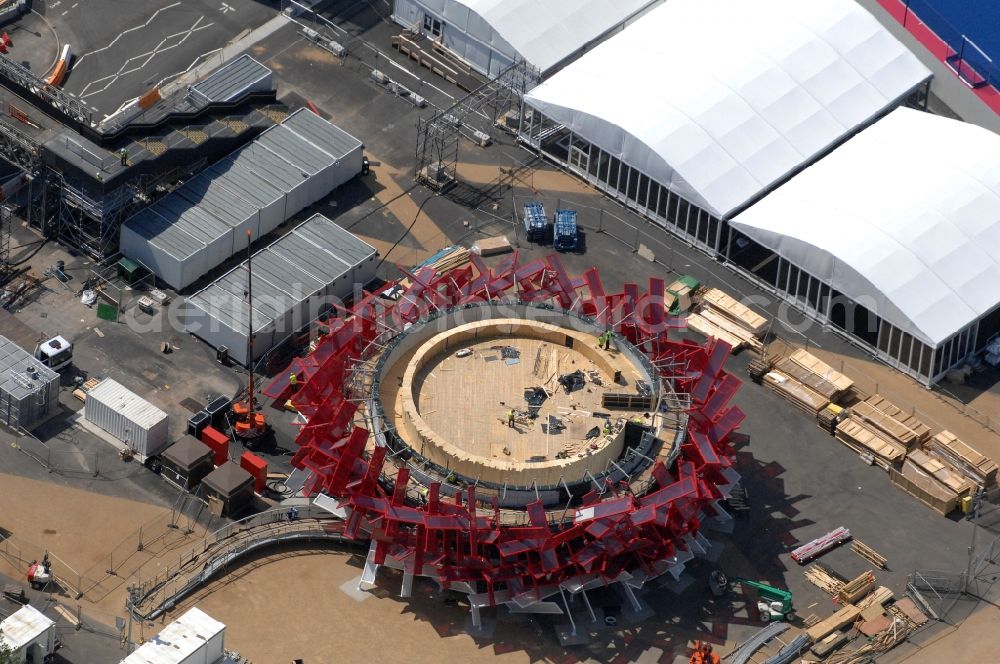 Aerial photograph London - Olympic Beatbox, the Coca-Cola-Pavilon for London in the Olympic Park at the venue of the Olympic and Paralympic Games 2012 in Great Britain