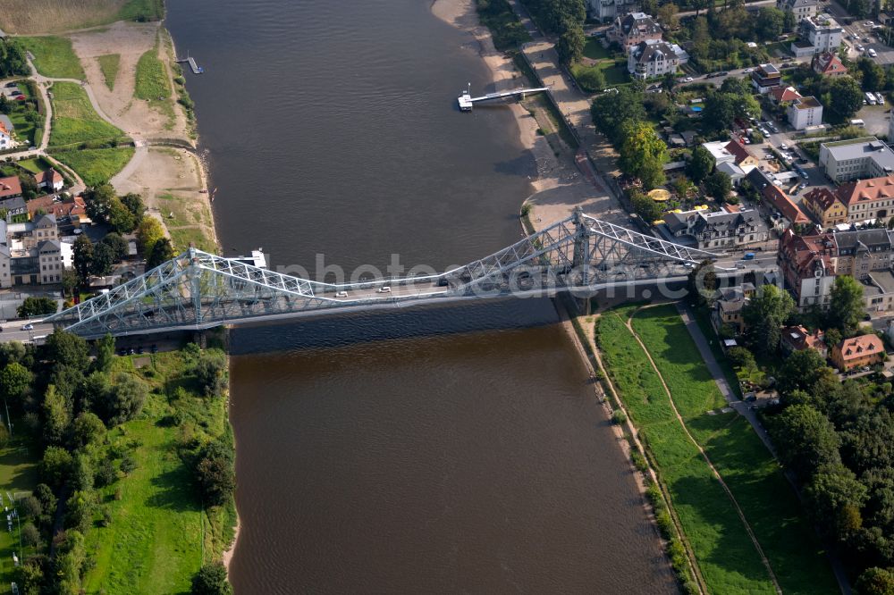 Dresden from above - Loschwitz Bridge Blue Wonder over the course of the Elbe in Dresden in the federal state of Saxony. The Elbe Bridge connects the districts of Blasewitz and Loschwitz and is considered a landmark of the city