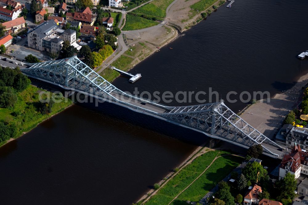 Dresden from the bird's eye view: Loschwitz Bridge Blue Wonder over the course of the Elbe in Dresden in the federal state of Saxony. The Elbe Bridge connects the districts of Blasewitz and Loschwitz and is considered a landmark of the city