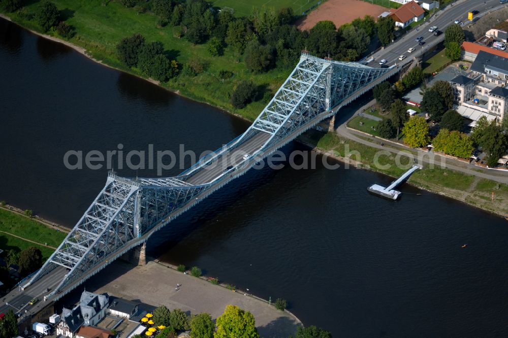 Dresden from above - Loschwitz Bridge Blue Wonder over the course of the Elbe in Dresden in the federal state of Saxony. The Elbe Bridge connects the districts of Blasewitz and Loschwitz and is considered a landmark of the city