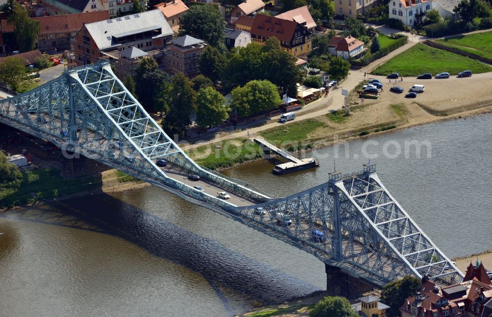 Aerial image Dresden - The Loschwitzer bridge called Blue Miracle over the river Elbe in Dresden in the state Saxony. The bridge connects the districts Blasewitz and Loschwitz and is a well known landmark in Dresden