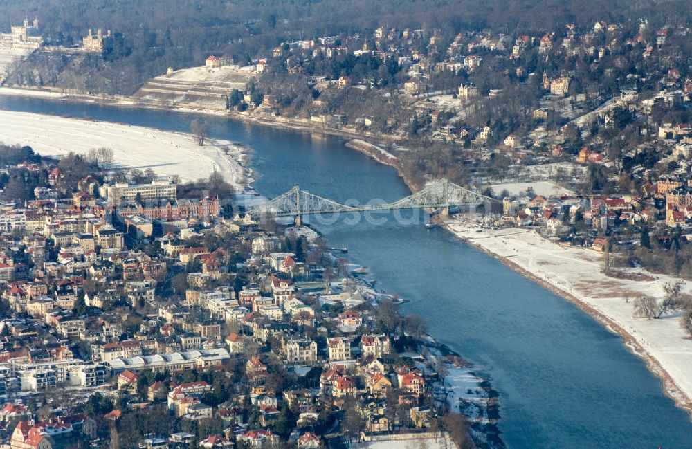 Aerial image Dresden - The Loschwitzer bridge called Blue Miracle over the river Elbe in Dresden in the state Saxony. The bridge connects the districts Blasewitz and Loschwitz and is a well known landmark in Dresden