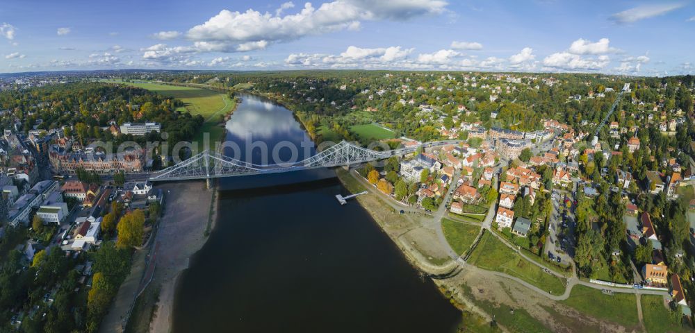 Dresden from above - The Loschwitzer bridge called Blue Miracle over the river Elbe in Dresden in the state Saxony. The bridge connects the districts Blasewitz and Loschwitz and is a well known landmark in Dresden