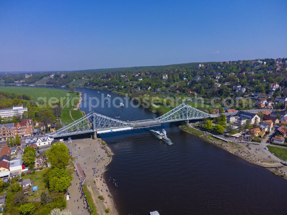 Dresden from above - The Loschwitzer bridge called Blue Miracle over the river Elbe in Dresden in the state Saxony. The bridge connects the districts Blasewitz and Loschwitz and is a well known landmark in Dresden