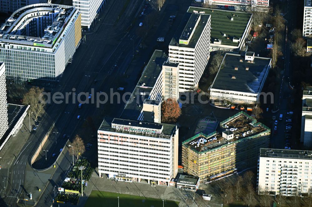 Berlin from above - Slogan STOP WARS on the ruins of the vacant, former office building and commercial building Haus der Statistics on Otto-Braun-Strasse in the Mitte district in Berlin, Germany