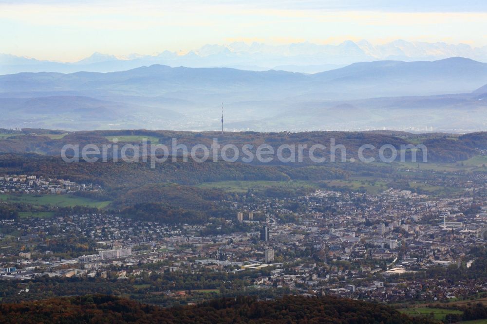 Lörrach from above - Loerrach in Baden-Wuerttemberg with a view over the countryside and Tower St. Chrischona in Bettingen in Switzerland up to the mountains of the Swiss Jura