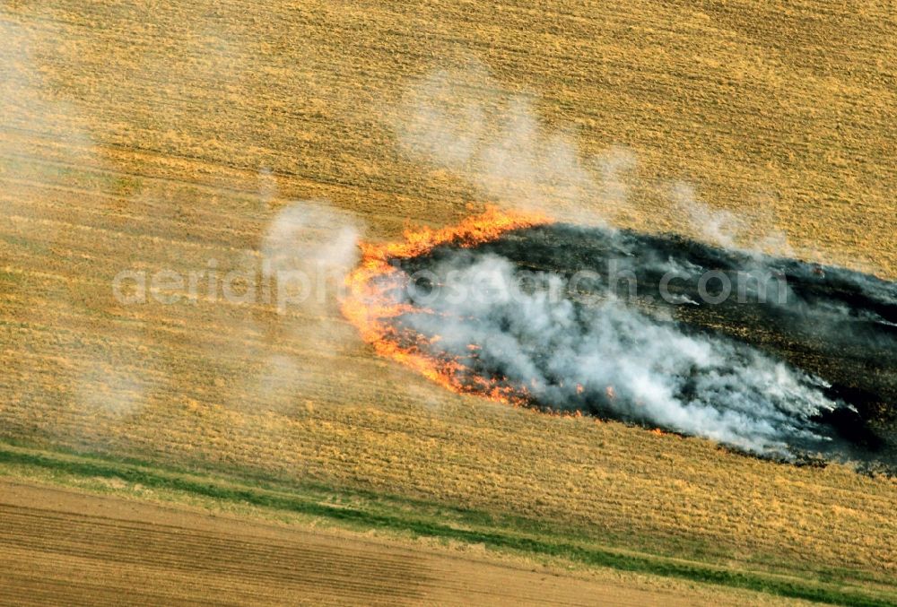 Volkenroda from the bird's eye view: Unloading, the fire on a controlled field - fire on an agricultural property at Volkenroda in Thuringia. Foto: Karina Hessland