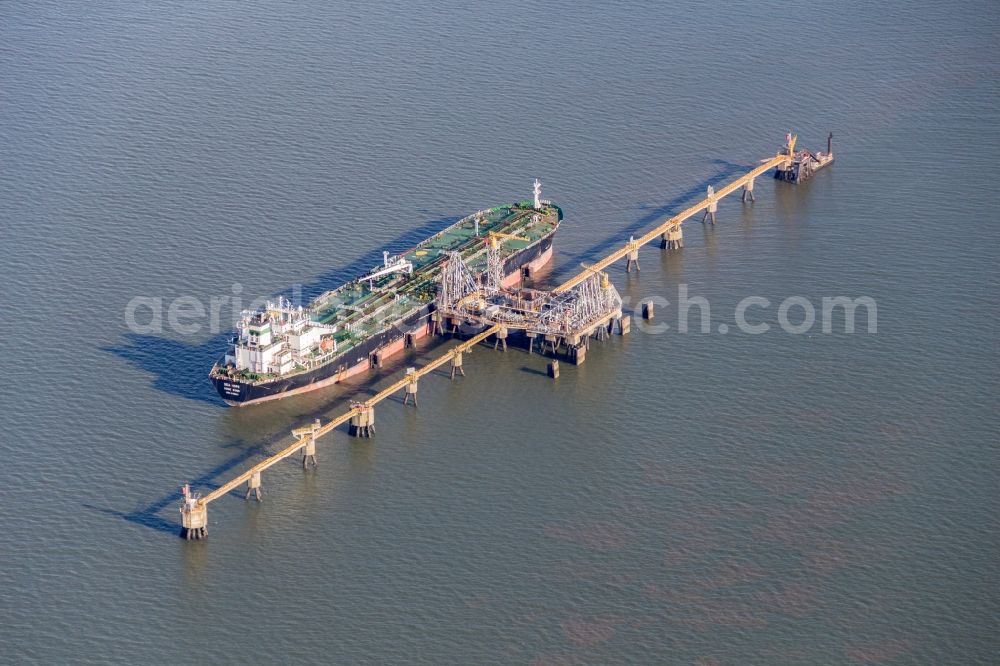 Wilhelmshaven from above - Oil tanker at the pier in Wilhelmshaven in the state of Lower Saxony, Germany