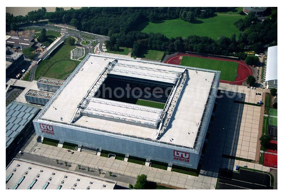 Aerial image Düsseldorf - Blick auf die neu erbaubte LTU Arena heute Esprit Arena in Düsseldorf. Die Arena hat ein gigantisches verschließbares Dach, welches komplett 235 Meter lang und 201 Meter breit ist. Insgesamt verfügt die LTU Arena über 51.500 Sitzplätze und bietet bei Musikkonzerten inklusive Innenraum Platz für bis zu 65.000 Zuschauer. LTU arena, MULTIFUNKTIONSARENA DÜSSELDORF BETRIEBS-GMBH, Liesegangstr. 24, 40211 Düsseldorf, +49 (0) 2 11/20 95 47 -10, +49 (0) 2 11/20 95 47 -11, info@duesseldorf-multifunktionsarena.de