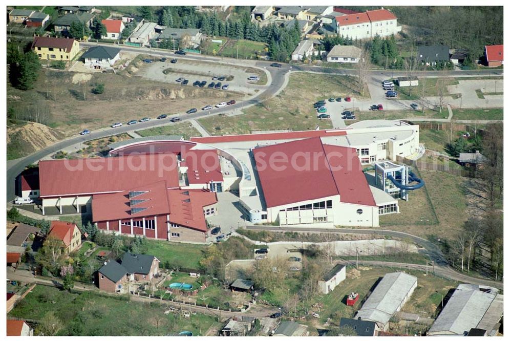 Luckenwalde from the bird's eye view: 15.04.2004 Luckenwalde / Flämingtherme in Luckenwalde - Betreiber: Aquapark Management Dr. Quell & Partner GmbH Geschäftsführer Dr. M. Quell c/o Aquapark Management GmbH Joseph-König-Strasse 15 48147 Münster Tel.: 0251 / 92535-0 Fax: 0251 / 92535-55 info@aquapark.de http://