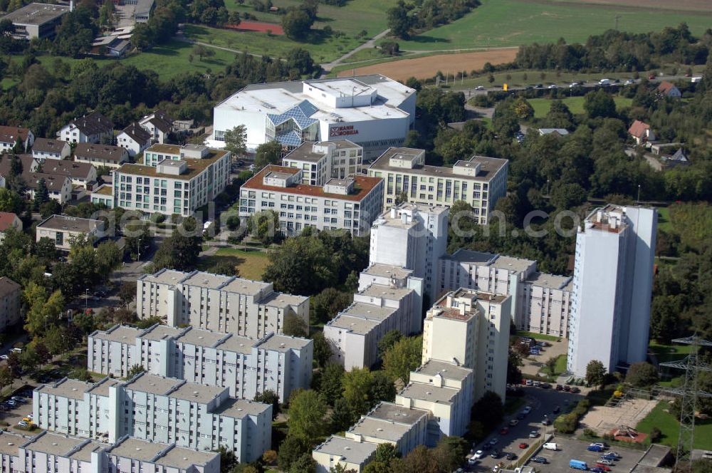 Aerial photograph LUDWIGSBURG - Blick auf Ludwigsburg, Ortsteil Eglosheim und im Hintergrund das Möbelhaus Mann Mobilia. Ludwigsburg ist eine Stadt in Baden-Württemberg, etwa zwölf Kilometer nördlich der Stuttgarter Innenstadt. Sie ist die Kreisstadt und größte Stadt des Landkreises Ludwigsburg, sowie nach Esslingen am Neckar die zweitgrößte Mittelstadt Baden-Württembergs. Kontakt: Stadtverwaltung Ludwigsburg, Wilhelmstraße 11, 71638 Ludwigsburg, Tel. +49 (0)71 41 910 0, Fax +49 (0)71 41 910 27 37, e-mail: rathaus@ludwigsburg.de; Kontakt Mann Mobilia: Monreposstr. 51, 71634 Ludwigsburg/ Ortsteil Eglosheim, Tel. +49 (0)7141 307 0