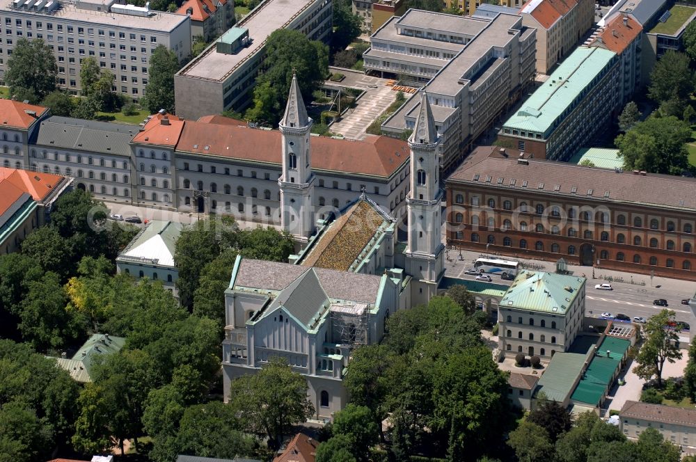 München from above - Church building in St. Ludwig on Ludwigstrasse Old Town- center of downtown in the district Maxvorstadt in Munich in the state Bavaria, Germany