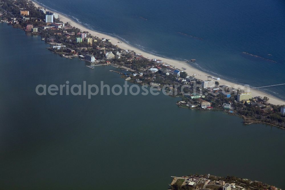 Aerial image Constanta - Aerial view of the district Mamaia as well as the lagoon / Lacul Siutghiol and the shore of the Black sea in Constanta in the region Dobrogea in Romania. The lagoon serves as a flood control