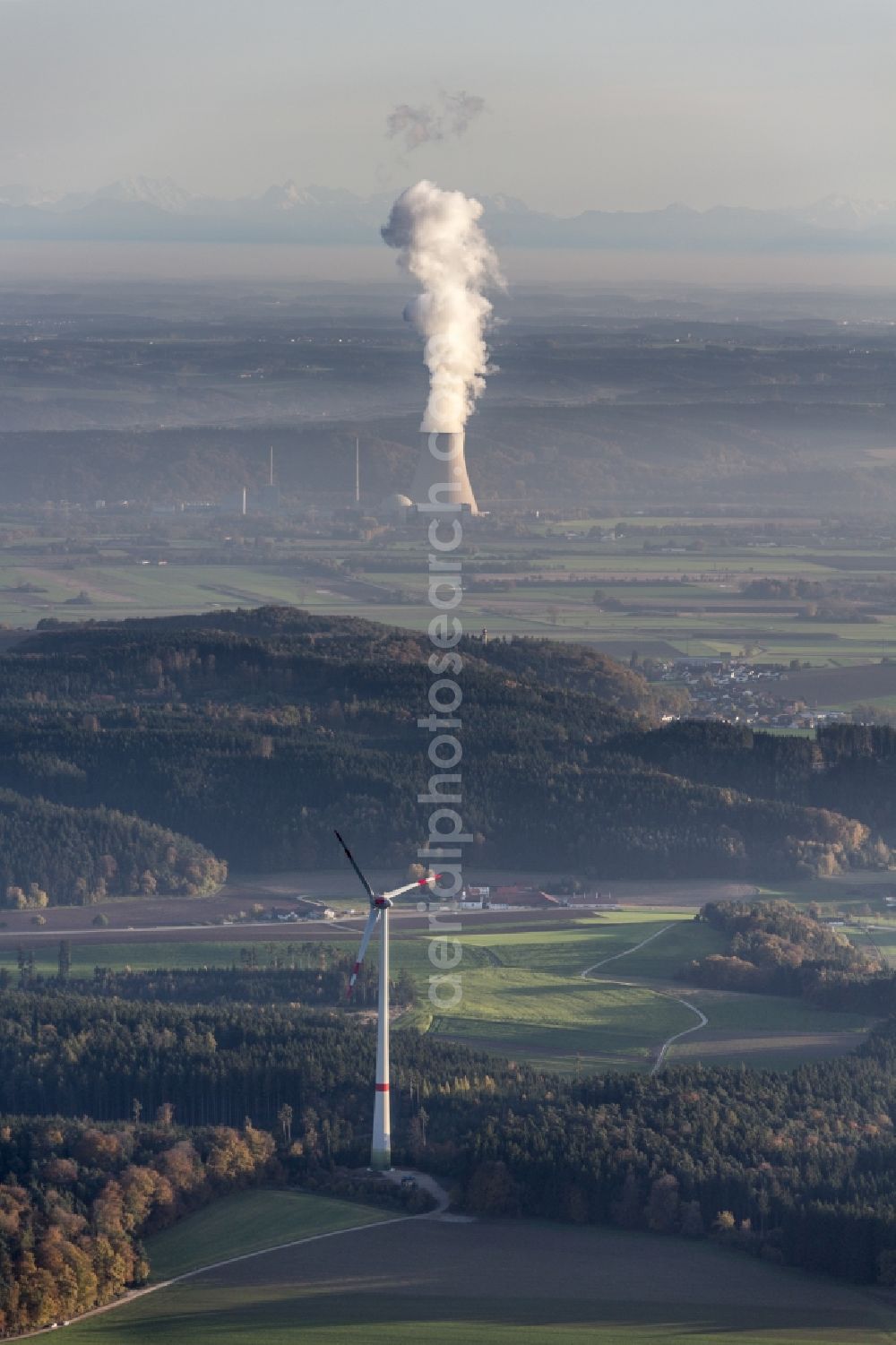 Postau Moosthann from above - Aerial view of the new wind power plant at Postau-Moosthann in the district of Landshut in Bavaria before the nuclear power plant on the River Isar at Ohu