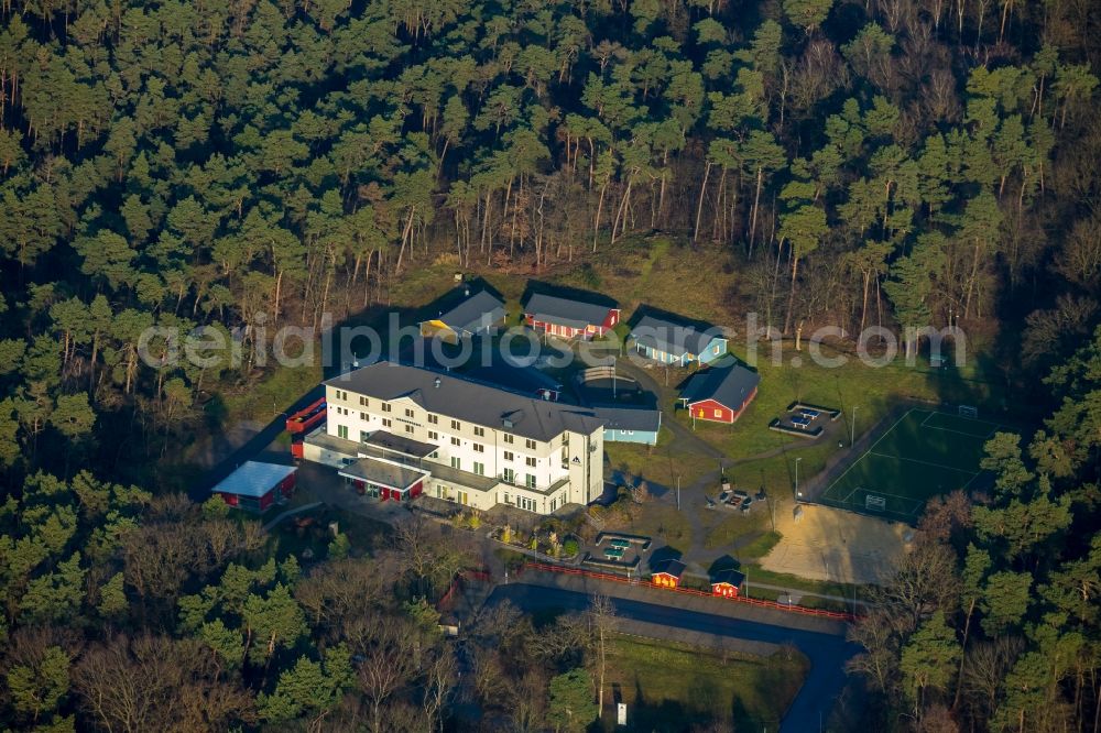 Aerial image Haltern am See - Aerial view of the DJH youth hostel Haltern am See in the wooded area at Stockwieser Damm in the district of Stockwiese in Haltern am See in the Ruhr area in North Rhine-Westphalia, Germany