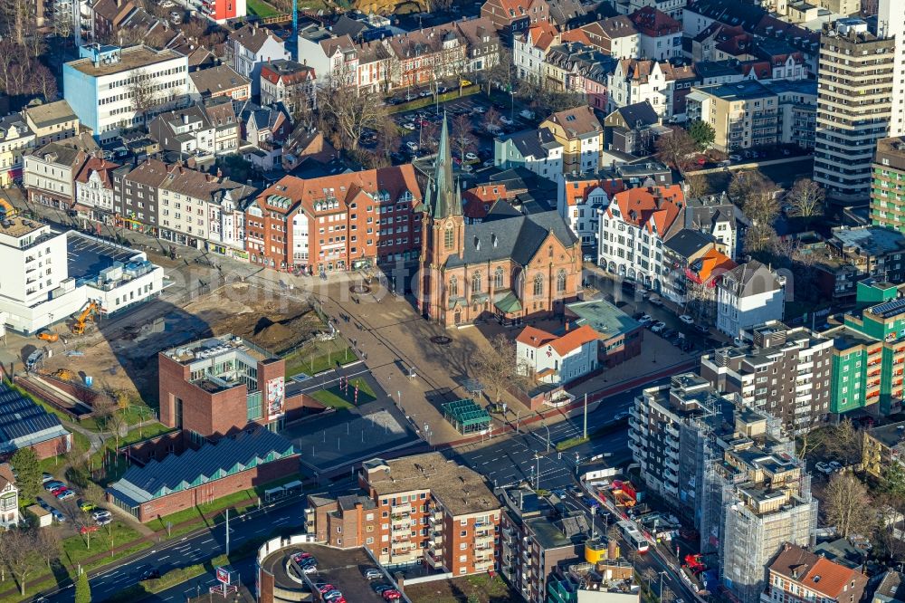 Herne from the bird's eye view: Aerial view of the church building of the Kreuzkirche on Europaplatz next to the LWL Museum of Archaeology in Herne in the federal state of North Rhine-Westphalia, Germany