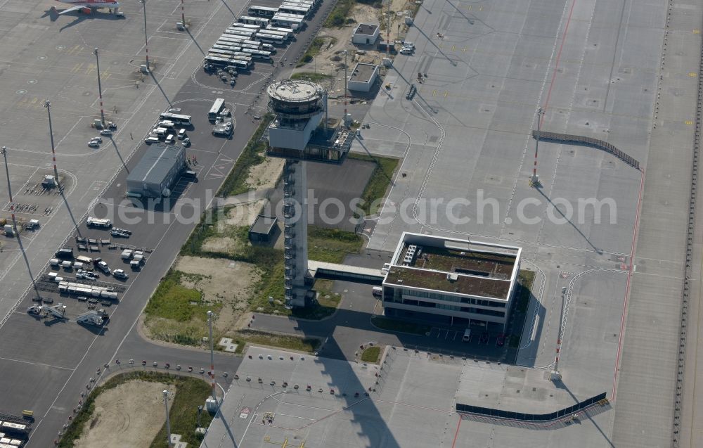 Schönefeld from above - Tower of DFS German Air Traffic Control GmbH on the runways of the BER Airport in Schoenefeld in Brandenburg