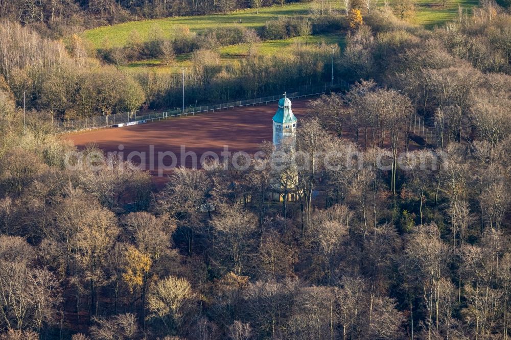 Aerial photograph Herne - Aerial view of water tower in Volkspark Sodingen with sports field Am Volkspark in district Boernig in Herne in Ruhr area in federal state North Rhine-Westphalia, Germany