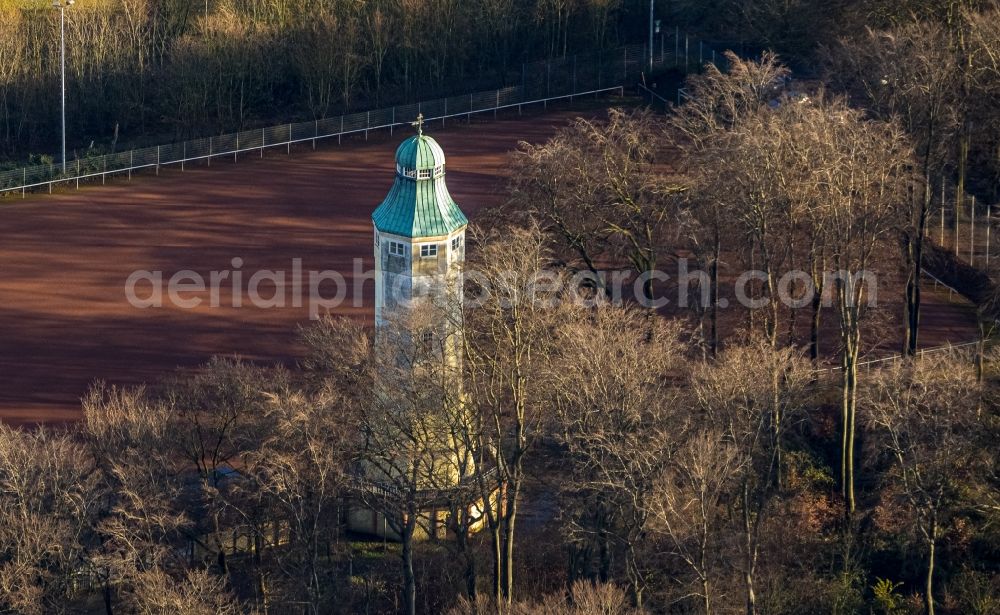 Herne from above - Aerial view of water tower in Volkspark Sodingen with sports field Am Volkspark in district Boernig in Herne in Ruhr area in federal state North Rhine-Westphalia, Germany