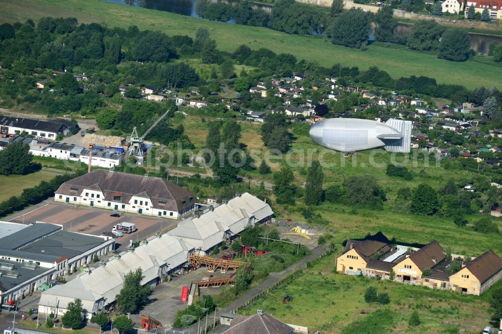 Dresden from above - Of Ballon & Luftschiff Sachsen Grossmann & Soehne GbR airship in flight over the airspace in Dresden in the state Saxony, Germany