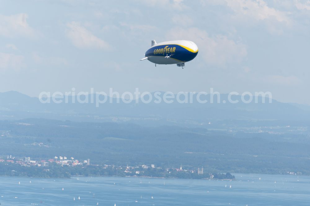 Aerial image Friedrichshafen - Airship Zeppelin in flight over the airspace in Friedrichshafen at Bodensee in the state Baden-Wuerttemberg, Germany