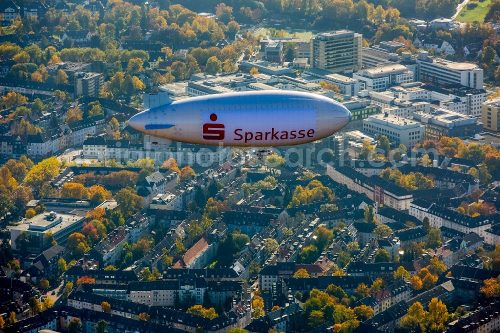 Aerial image Essen - L-DFR der WDL Luftschiffgesellschaft mbH airship in flight over the airspace in Essen in the state North Rhine-Westphalia