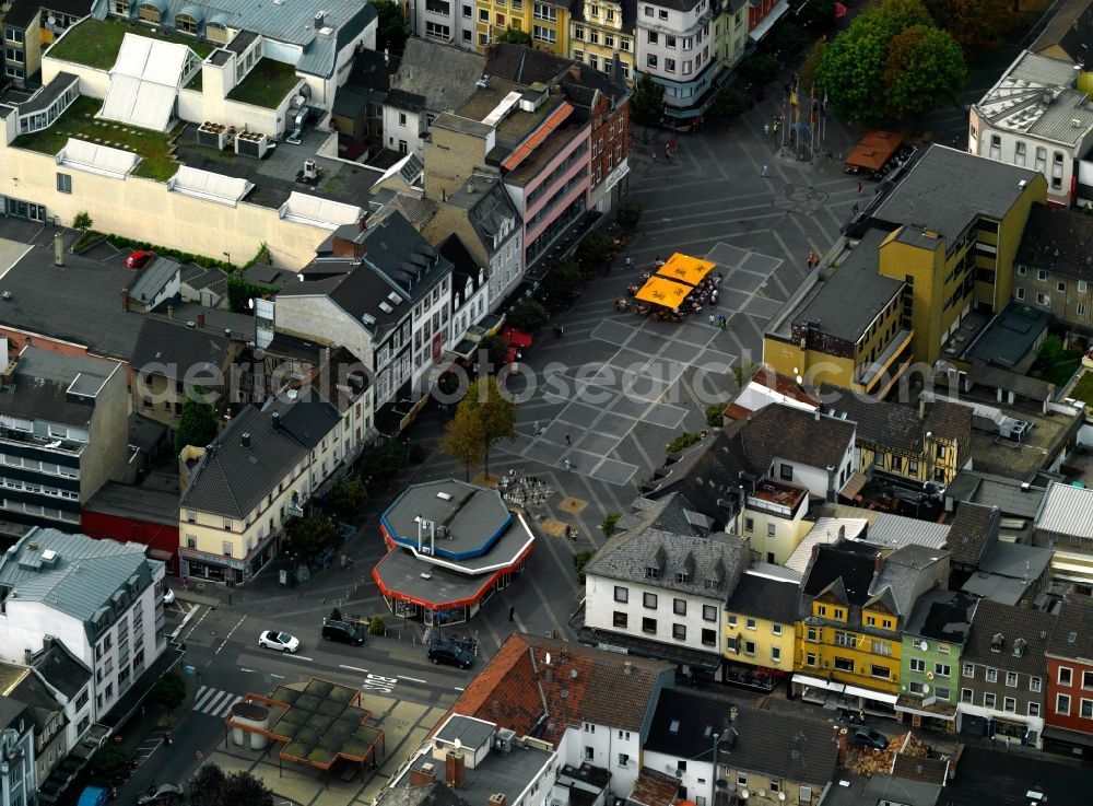 Neuwied from above - Luisen square in the historic centre of Neuwied in the state of Rhineland-Palatinate. Neuwied is located on the river Rhine. The market square is located near the right riverbank of the Rhine and is surrounded by residential and commercial buildings