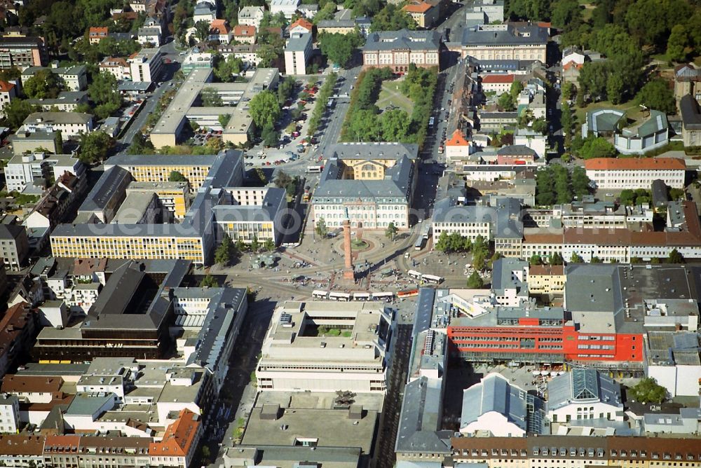 Darmstadt from above - Darmstadt, Luis square, city center of Darmstadt, named after Grand Duchess Luise Henriette Caroline of Hesse-Darmstadt, the wife of Ludwig I of Hesse-Darmstadt. with the Ludwigsmonument, behind the regional council in the college building