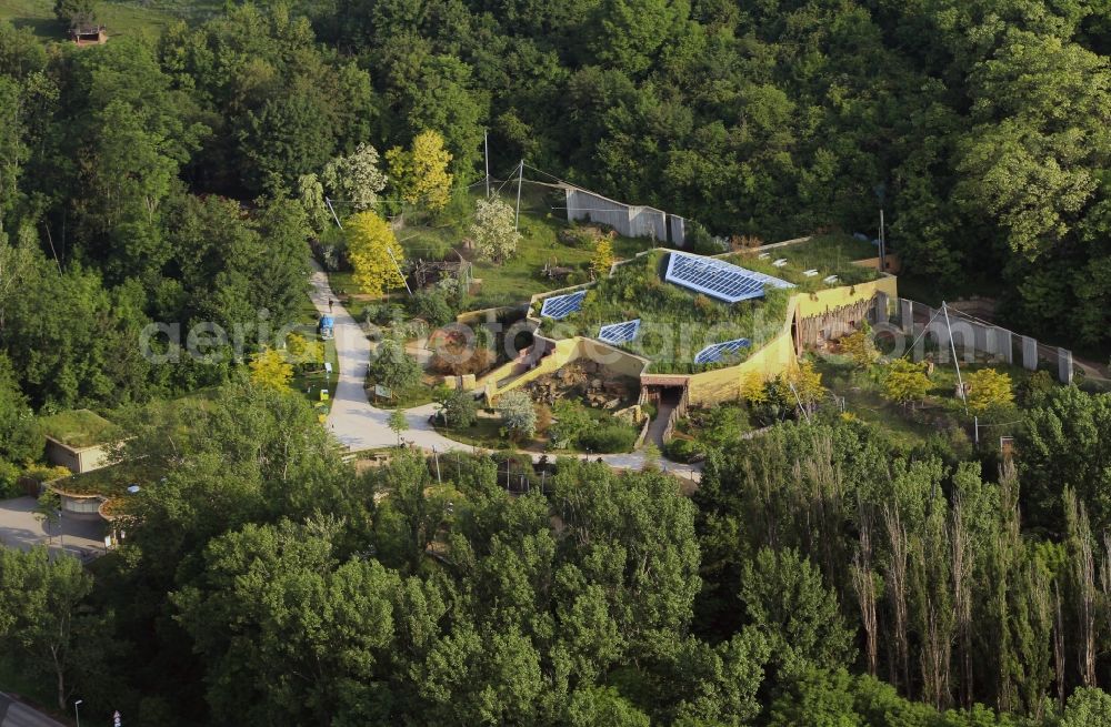 Erfurt from above - The lion savannah in the Thuringian Zoo Park Erfurt in Thuringia is a modern vivarium for different animal species on the African continent