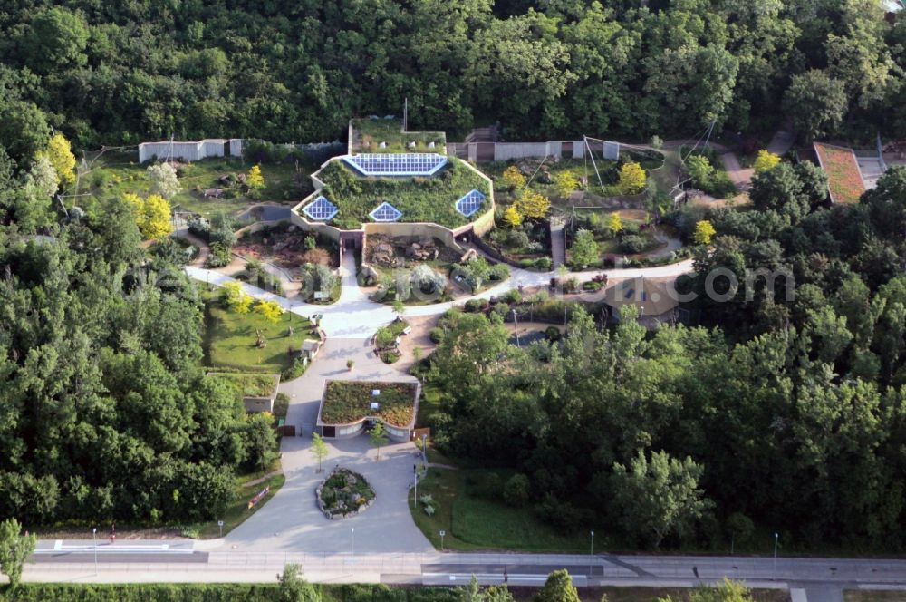 Erfurt from the bird's eye view: The lion savannah in the Thuringian Zoo Park Erfurt in Thuringia is a modern vivarium for different animal species on the African continent