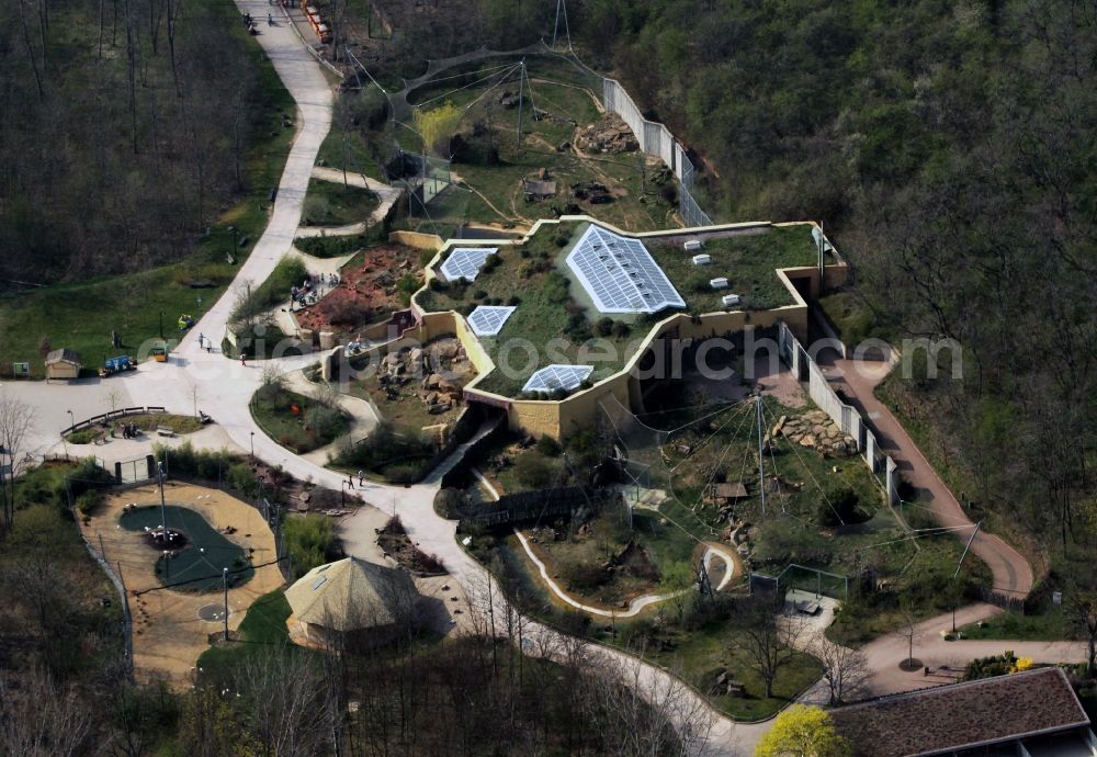 Aerial photograph Erfurt - The lion savannah in the Thuringian Zoo Park Erfurt in Thuringia is a modern vivarium for different animal species on the African continent