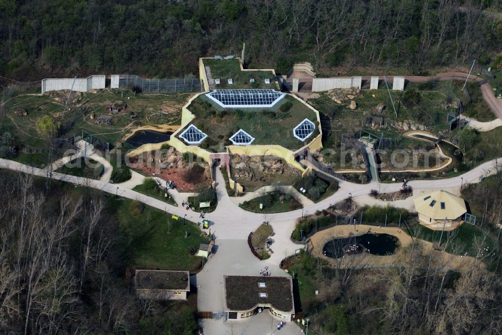 Erfurt from above - The lion savannah in the Thuringian Zoo Park Erfurt in Thuringia is a modern vivarium for different animal species on the African continent