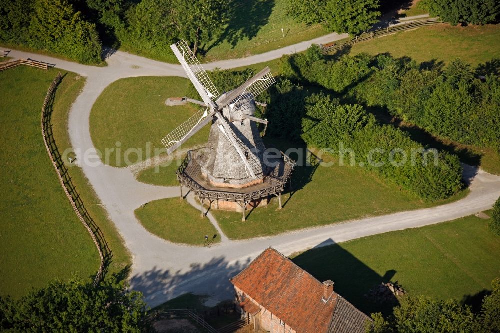 Detmold from the bird's eye view: View of a windmill in the LWL open-air museum in Detmold in the state of North-Rhine Westphalia