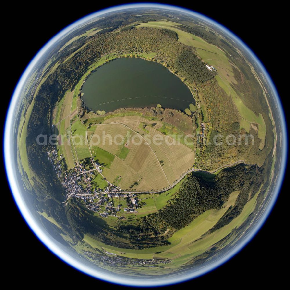 Aerial photograph Manderscheid - Fish eye look at the Lake Maar. The crater lake is located in the Eifel area