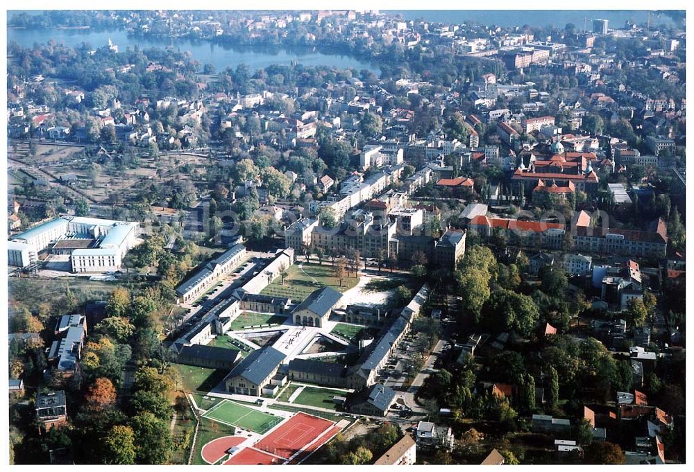 Potsdam from the bird's eye view: Rekonstruierte und umgebaute Gardeulanenkaserne an der Jägerstraße in Potsdam (UNESCO-Weltkulturerbe).Architektin Barbara Mohren,Hagelberger Str.53-54 - 10965 Berlin,Telefon: 030-611280-0,mail@barbaramohren.de DKB Wohnungsgesellschaft Berlin-Brandenburg mbH, Haus der Immobilie, Jägerallee 23, 14469 Potsdam, Telefon (0331) 290-4400,Telefax 290-4420, zentrale@dkb-wohnbb.de, grit.zobel@dkb-immo.de