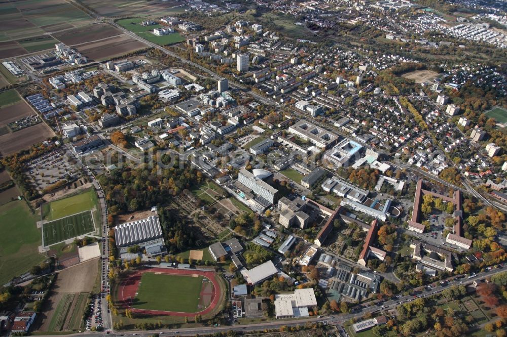 Mainz from above - View over part of the city of Mainz in Rhineland-Palatinate. With regard to the Johannes-Gutenberg University and a sports court, as well as some residential buildings