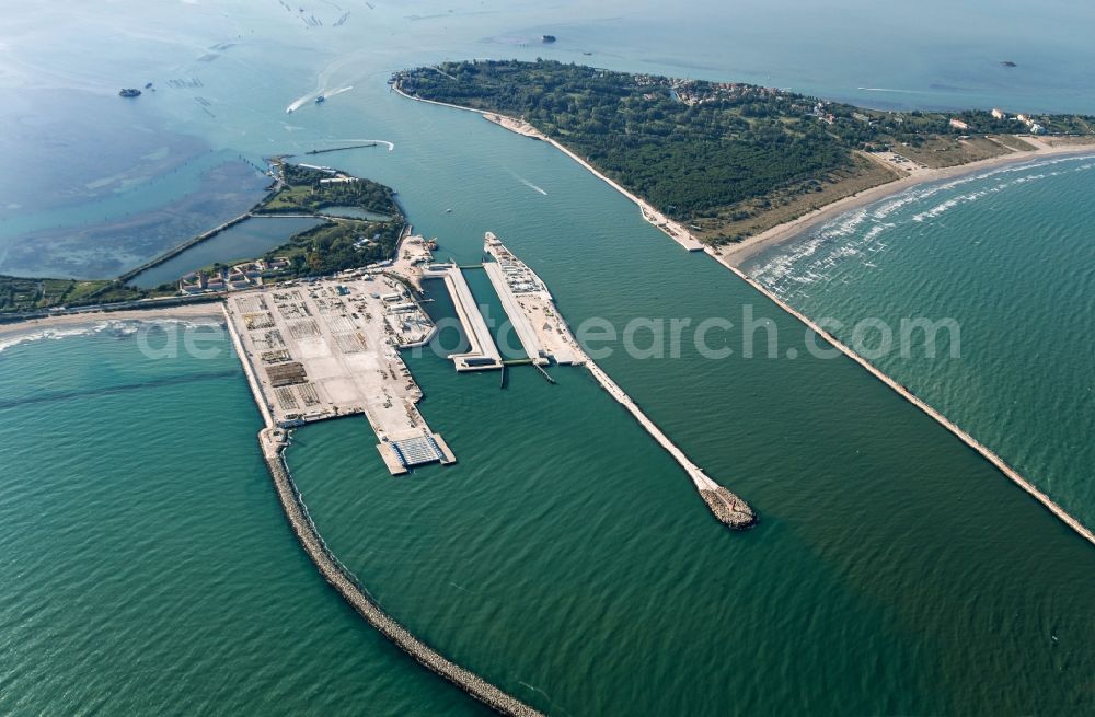 Aerial photograph Freibad - The Malamoco or mouth of Malamocco (as it locally known) is the central access to the lagoon of Venice, in the South of the Lido-San Nicolò and North of Chioggia in Venice in Italy