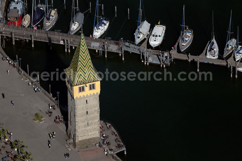 Lindau (Bodensee) from above - Tourist attraction and sightseeing Mangturm in Lindau (Bodensee) at Bodensee in the state Bavaria, Germany