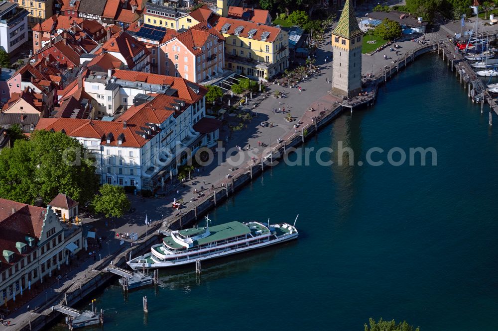 Aerial image Lindau (Bodensee) - Tourist attraction and sightseeing Mangturm in Lindau (Bodensee) at Bodensee in the state Bavaria, Germany