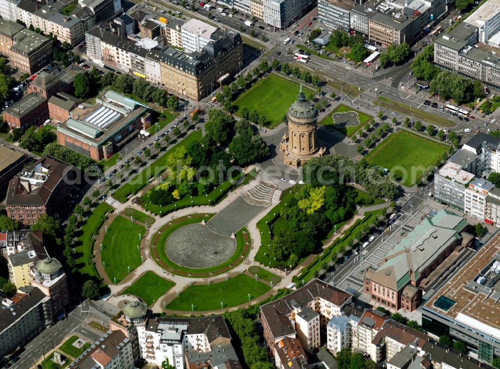 Mannheim from above - The 1886 to 1889 built and designed by Gustav Halmhuber Mannheim Water Tower on the square Friedrichsplatz in the state