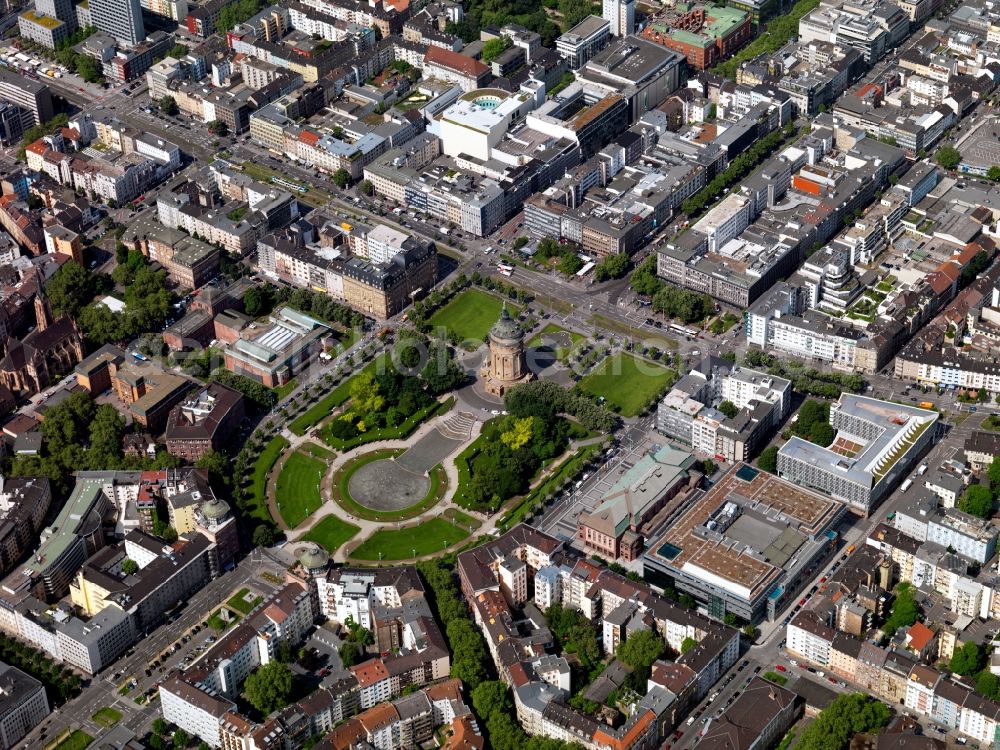 Aerial photograph Mannheim - The 1886 to 1889 built and designed by Gustav Halmhuber Mannheim Water Tower on the square Friedrichsplatz in the state