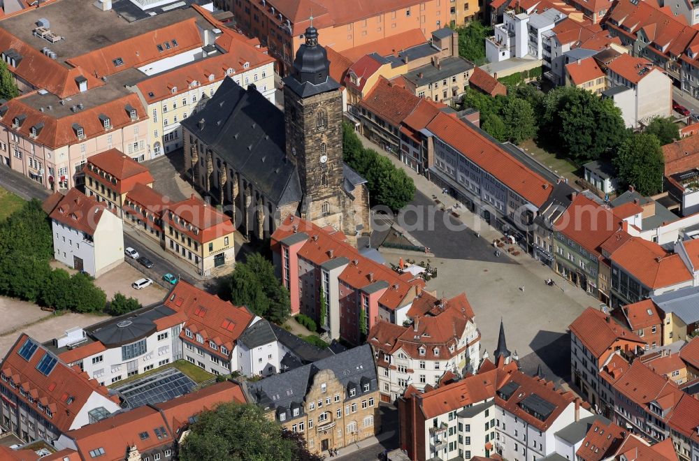 Gotha from above - The Protestant Margarethe Kirch is on the Neumarkt in Gotha in Thuringia. The late Gothic hall church received its Baroque spire later. The great representative building goes back to the city's importance in the Middle Ages. Gotha was located on the Via Regia