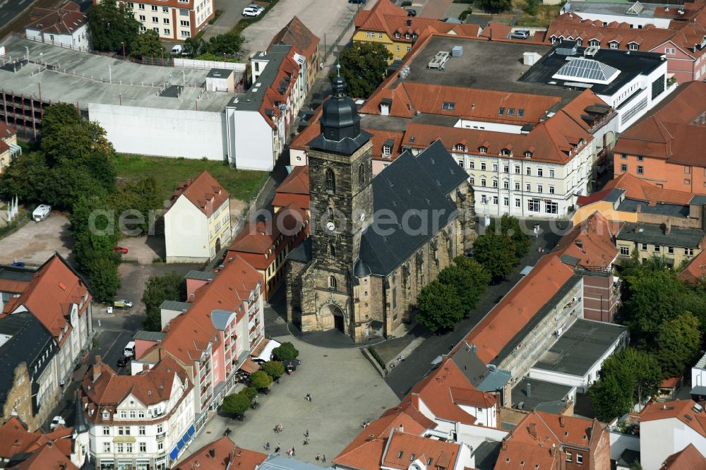 Gotha from above - Protestant Margarethe Church on Neumarkt square in the historical city center of Gotha in Thuringia. The late Gothic hall church received its Baroque spire later. The great representative building goes back to the city's importance in the Middle Ages. Gotha was located on the Via Regia